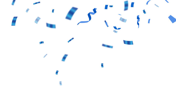Falling shiny blue confetti and ribbons celebration party design element. Blue confetti falling celebration background. Falling confetti background. PNG illustration of festive confetti.