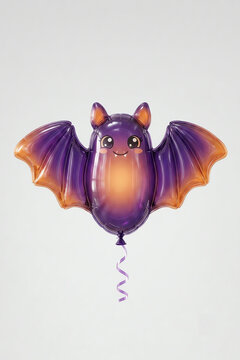 Adorable purple bat foil balloon with smiling face for Halloween celebration on white background