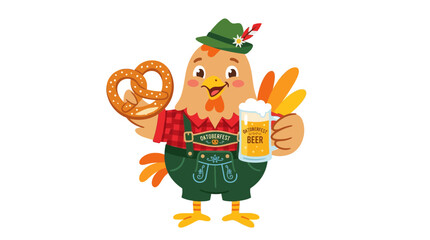 Fototapeta premium Cartoon Chicken Wearing Traditional Bavarian Outfit Holding Beer and Pretzel