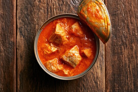 Open tin of canned mackerel in spicy tomato sauce on wooden table.