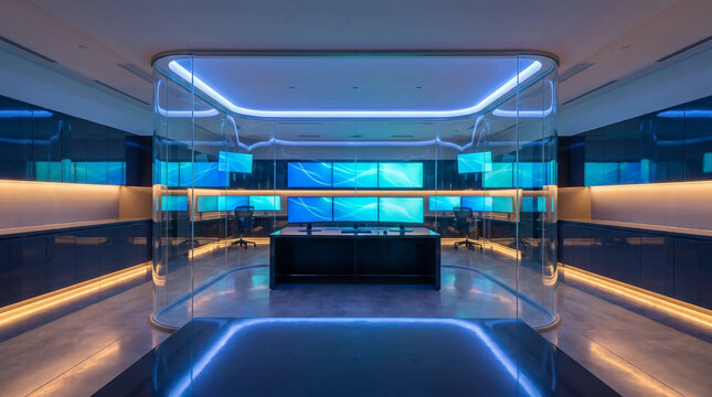 Futuristic glass encased command center featuring multiple computer monitors under glowing blue ambient ceiling lighting with integrated warm floor lighting