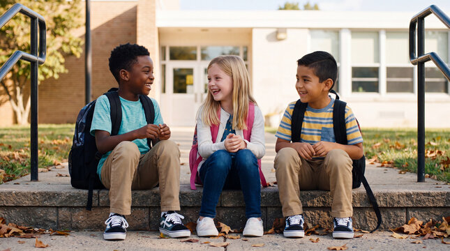 Back to school autumn day features happy diverse elementary students sitting on school entrance steps with backpacks
