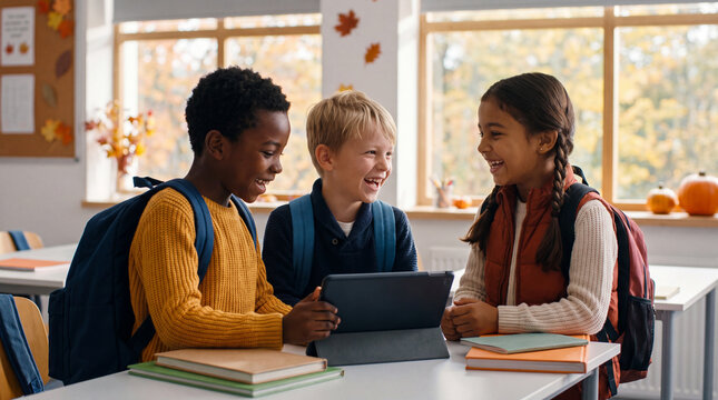 Back to school autumn classroom features happy diverse elementary students using tablet and books for education learning poster