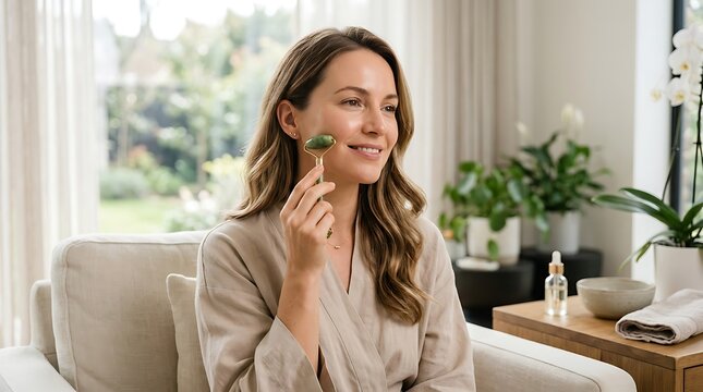 Happy woman using a green jade roller tool for facial massage and skin care routine while sitting in a bright living room