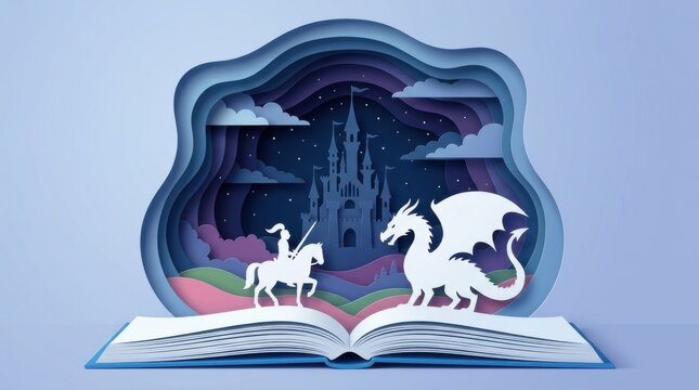 Paper craft pop up book featuring a brave knight fighting a dragon in front of a castle.