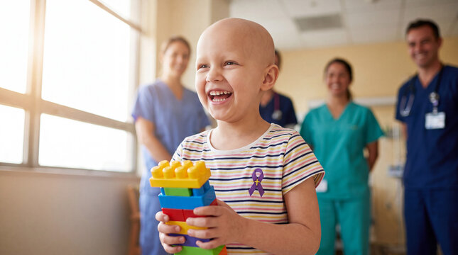 Happy young patient is playing with colorful blocks in a bright pediatric playroom, symbolizing hope and joyful childhood cancer care for awareness banners