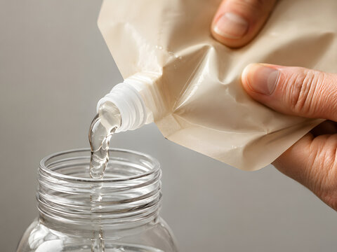 Close Up Viscous Gel Pouring from Refill Pouch into Reusable Bottle