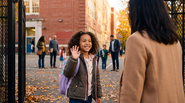 Back to school autumn morning features an elementary student waving goodbye to parent at school gate for education greeting