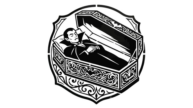 A gothic monochromatic emblem portrays a legendary vampire resting peacefully inside an intricately carved burial casket adorned with traditional ornaments for a classic halloween themed horror