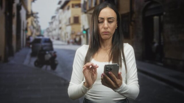 Hispanic woman in a white top tapping and scrolling a smartphone with fingers while standing on a narrow street, looking down and typing; quiet concern.