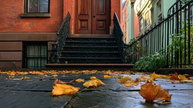 Autumn leaves on wet sidewalk in front of historic brownstone entrance.