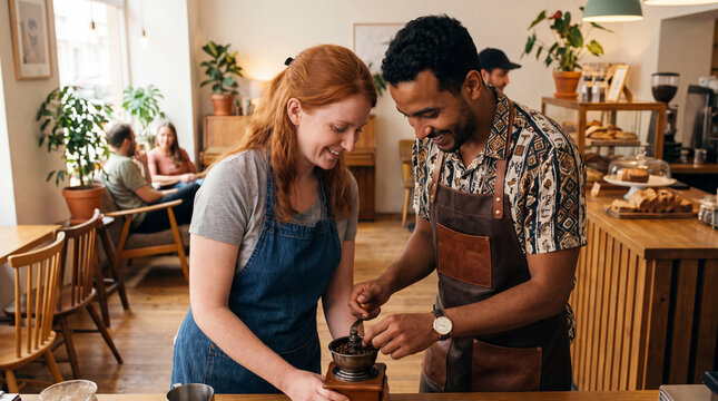 Redhead and North African baristas are grinding coffee beans together at a warm cafe for National Coffee Day marketing banners