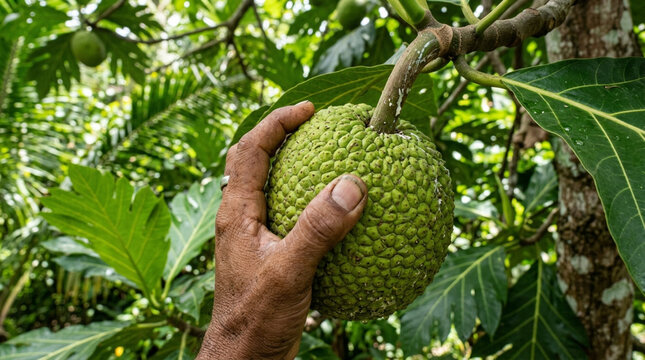 Hand holding unripe green breadfruit on tree branch, tropical foliage background