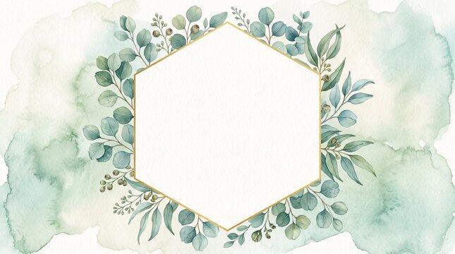 Elegant greenery watercolor wedding invitation background featuring a delicate golden hexagonal frame surrounded by soft sage eucalyptus leaves and artistic pastel botanical wash for celebrations