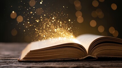 Naklejka premium The Open Book of Magical Light and Dazzling Sparks Above a Wooden Table