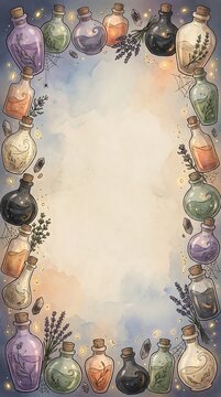 Magical Helloween Frame with witch potion bottles and vintage magic elements