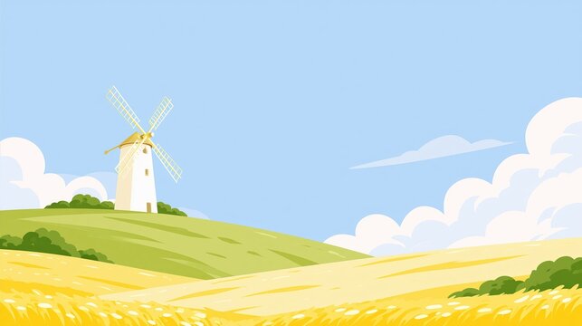 Expanding Horizon concept with windmill and golden wheat field background