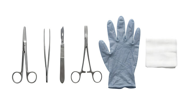Surgical tools set including scissors forceps scalpel blue glove and gauze on black
