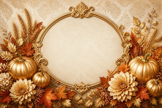 Ornate gold frame surrounded by pumpkins and autumn florals