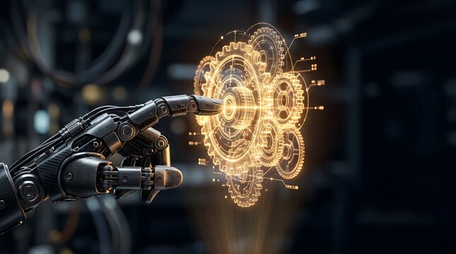 Metallic robotic arm finger touching a glowing golden holographic projection of complex interlocking gears and technical schematics in a dark factory setting.