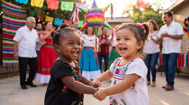 Hispanic Heritage Month features two happy Latinx toddlers in traditional dresses and pi?ata for cultural celebration banner