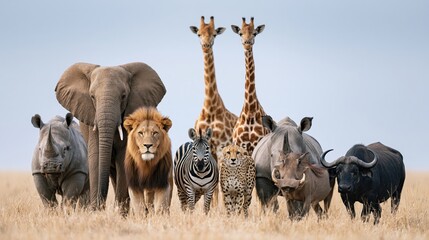 Naklejka premium The Wildlife Assembly on the Savanna Featuring Lions Elephants Giraffes and Zebras