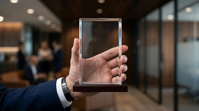 Clear glass award plaque held in hand inside office room trophy fingers palm wrist watch suit jacket sleeve shirt cuff.