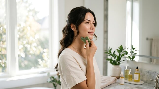 Young woman using a green jade roller on her face to massage her skin and relax in a bright and clean home bathroom