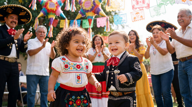 Hispanic Heritage Month features two happy Latinx toddlers dancing together and family clapping for cultural celebration banner