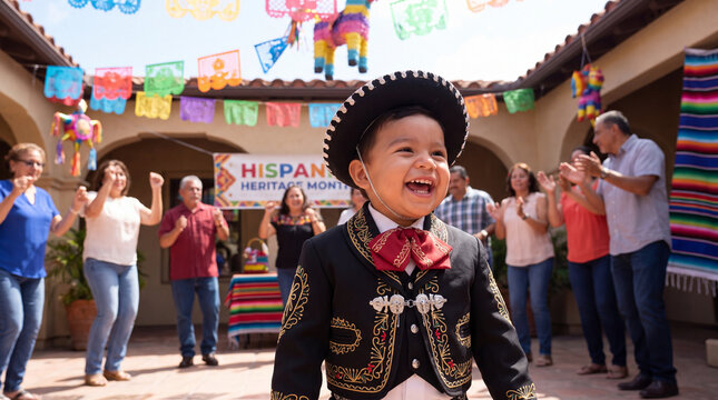 Hispanic Heritage Month features a joyful Latinx toddler in mariachi charro outfit and dancing family for cultural banner