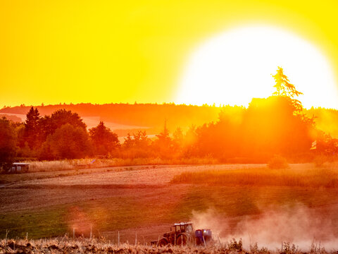 Traktor wirbelt Staub auf bei Sonnenuntergang