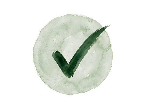 Watercolor green check mark symbol in a circle isolated on transparent background