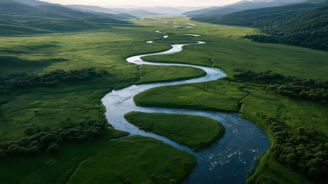 Aerial view of a winding river flowing through a lush green valley landscape