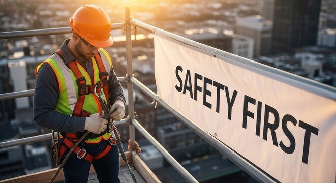 Construction worker with safety gear on high rise site.
