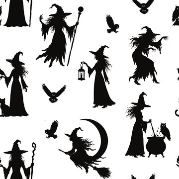 Witches with Owls and Black Cats Seamless Halloween Pattern on Transparent Background