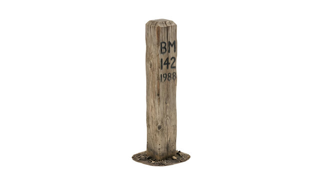 A weathered wooden survey marker post with the inscription bm 142 1988 isolated on transparent background