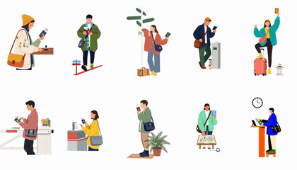 Naklejka premium Flat Vector Illustration Set of Diverse People Travelers and Tourists at Airport Terminal with Luggage, Passports, and Maps for Global Travel and Vacation Concept