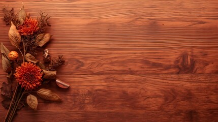 Fototapeta premium Autumn flowers on rustic cedar wood background with copy space for seasonal design