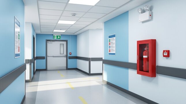 Hospital hallway with emergency exit signage and fire equipment