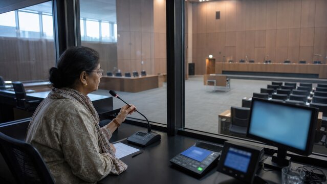 Court Interpreter Services Tests Microphone In Courthouse Booth