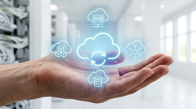 Human hand holding glowing cloud computing icon with server database and data transfer symbols floating above palm digital.