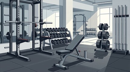 Fototapeta premium Empty gym interior with weightlifting equipment and power rack