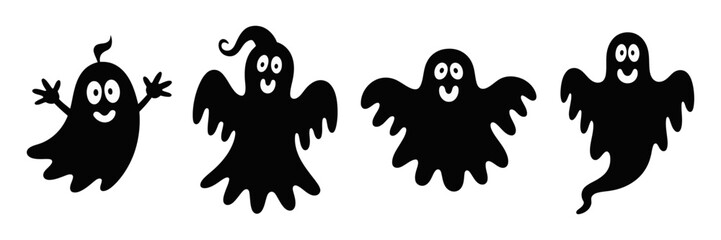 Fototapeta premium Halloween ghosts, hand drawn cartoon silhouettes flying in playful spooky style with whimsical expressions and festive seasonal charm