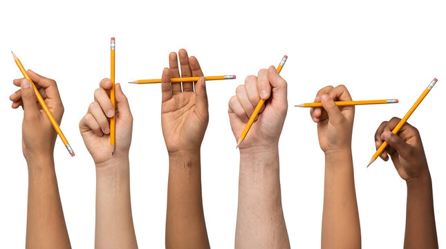 Diverse hands holding yellow pencils in different poses against black background