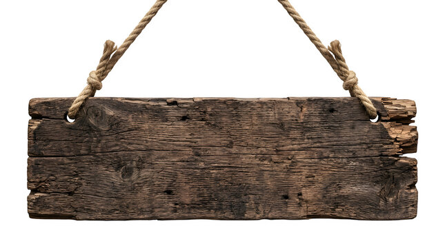 Old weathered wooden sign hanging on ropes isolated on transparent background