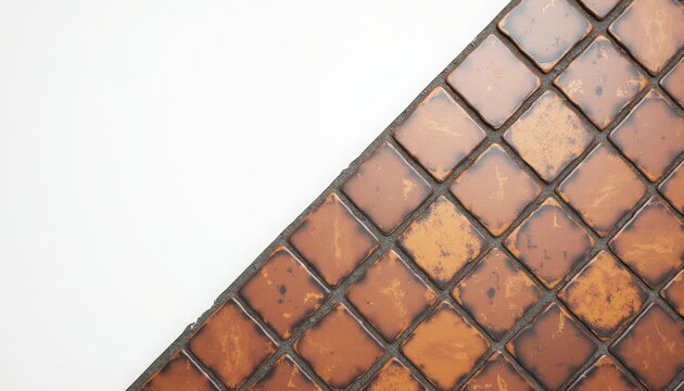 terracotta tiles close up diagonal composition with aged terracotta squares and dark grout, terracotta tiles showing worn texture and warm patina on ceramic surface,