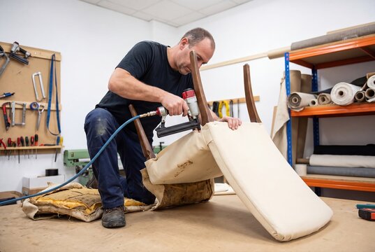 Furniture upholsterer repairing vintage chair in professional workshop