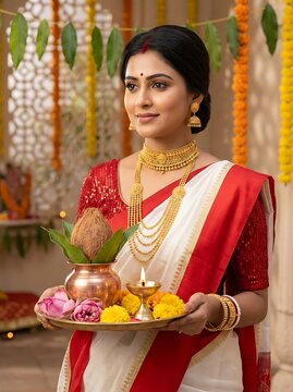 Beautiful indian woman in traditional saree holding puja thali for festival