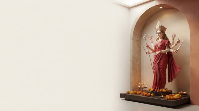 Hindu Goddess Durga Statue Adorned with Flowers and Lamps in an Alcove idol deity