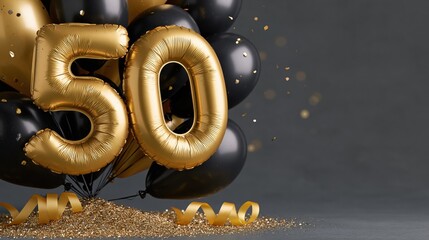 Obraz premium The Golden 50 Balloon Celebration with Black Balloons and Confetti